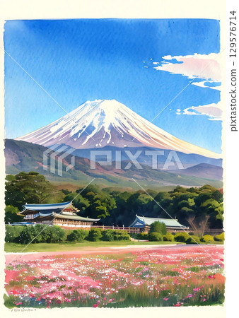 Mount Fuji, cherry blossoms, temples 129576714