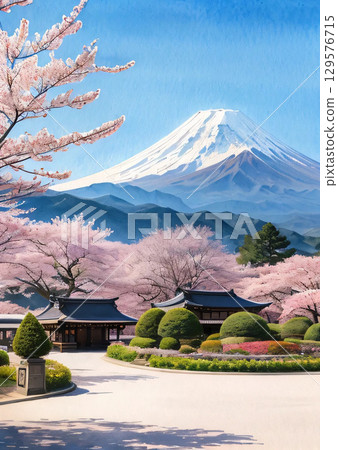 Mount Fuji, cherry blossoms, temples 129576715