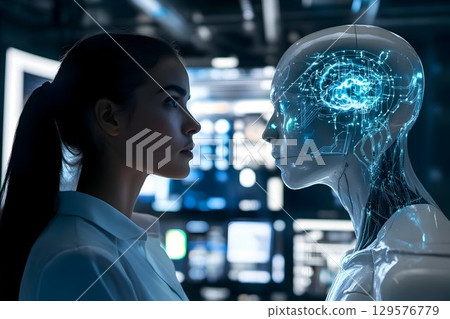young woman scientist stands face to face with an AI human model in a futuristic laboratory young woman scientist stands face to face with an AI human model in a futuristic laboratory 129576779