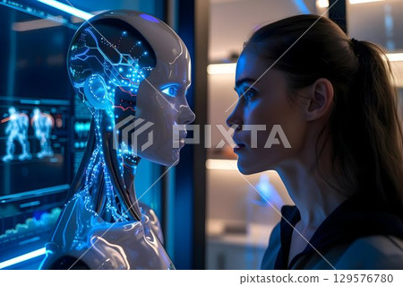 young woman scientist stands face to face with an AI human model in a futuristic laboratory 129576780