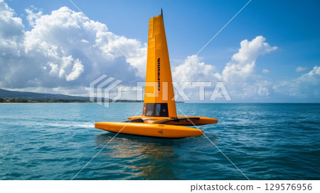A vibrant yellow catamaran sails smoothly across clear blue waters. The bright sail captures the sunlight beautifully. Ideal for adventures and ocean exploration. Generative AI 129576956