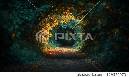 A serene path leads through a mystical forest. Vibrant foliage surrounds the trail, creating a sense of wonder and exploration. Nature invites you to discover its beauty. Generative AI 129576973
