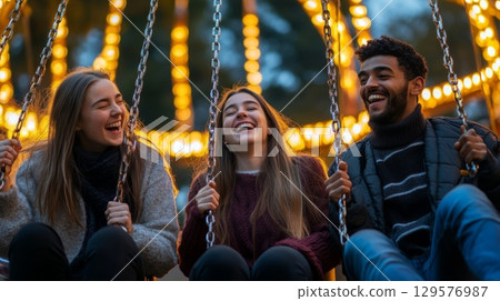 Friends enjoying a fun evening at a carnival. Laughter echoes around them as they swing joyfully. The atmosphere is vibrant and magical. Generative AI 129576987