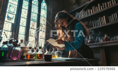 A young scientist deeply engrossed in her research. The lab is filled with colorful potions and ancient books. Inspiration thrives in this creative space. Generative AI 129576988