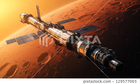 A futuristic spacecraft is docked on the surface of Mars. It glimmers under the orange Martian sky. Explore new frontiers in space travel. Generative AI A futuristic spacecraft is docked on the surface of Mars. It glimmers under the orange Martian sky. Explore new frontiers in space travel. Generative AI 129577003