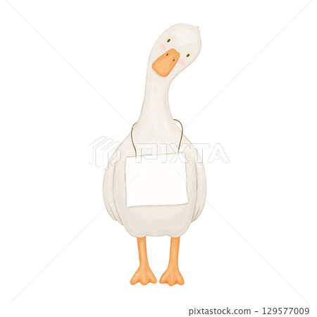 Watercolor cute baby goose with empty banner. Funny animal isolated on white background Watercolor cute baby goose with empty banner. Funny animal isolated on white background 129577009