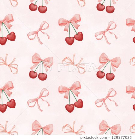 Seamless pink pattern with coquette bow and cherry, watercolor hand drawn illustrations 129577025