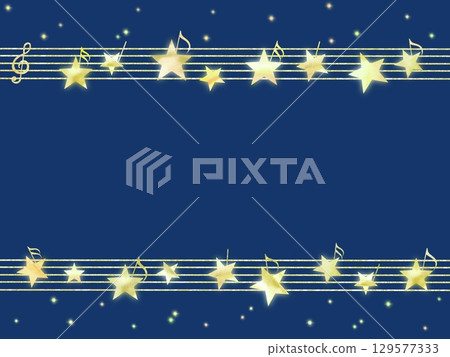 夜空中懸掛著五線譜上音符形狀的星星框架。這幅插圖讓人聯想到夜間音樂會。 129577333