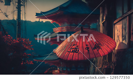 Traditional Japanese red umbrella and temple scenery Traditional Japanese red umbrella and temple scenery 129577350