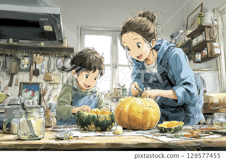 Parents and children making Halloween pumpkin lanterns 129577455