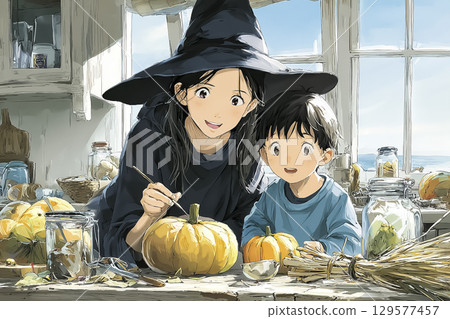Parents and children making Halloween pumpkin lanterns 129577457