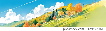 Header_2 of a landscape of a hill colored by autumn leaves and a blue sky 129577461