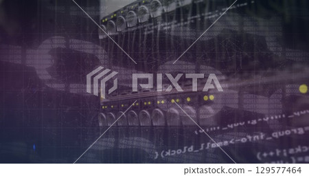 Image of analysis text and blockchains with server room in background 129577464