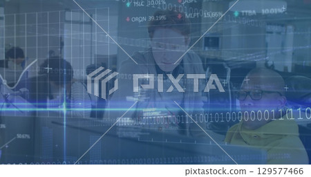 Image of finance data moving against multiracial colleagues discussing on computer in office Image of finance data moving against multiracial colleagues discussing on computer in office 129577466