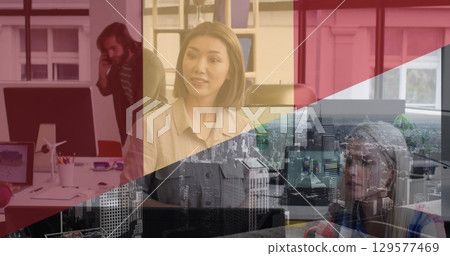Digital composite image of multiracial colleagues discussing in modern office, city in foreground 129577469
