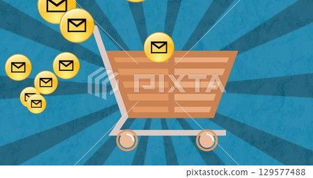 Image of emails over shopping cart on blue background Image of emails over shopping cart on blue background 129577488