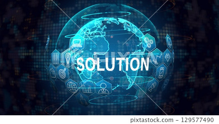 Image of solution text with icons over globe on black background 129577490