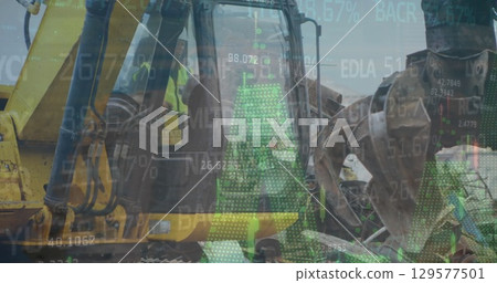 Image of financial data processing over delivery man loading up car outside of warehouse 129577501
