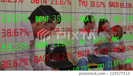 Image of financial data over diverse people and doctors in waiting room Image of financial data over diverse people and doctors in waiting room 129577513