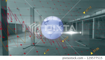 Image of data, graphs with grids moving on rotating globe against building interior Image of data, graphs with grids moving on rotating globe against building interior 129577515