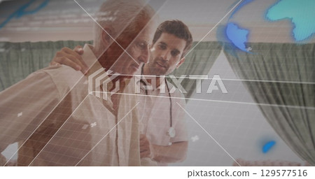 Image of digital screen with data over caucasian senior man and male doctor Image of digital screen with data over caucasian senior man and male doctor 129577516