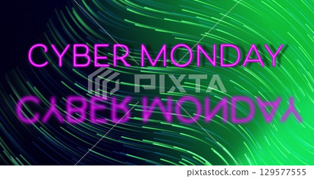 Image of cyber monday sale over black and green background with waves 129577555