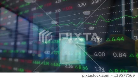 Image of financial data processing over flickering blue squares caucasian woman using smartphone Image of financial data processing over flickering blue squares caucasian woman using smartphone 129577569