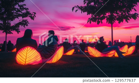 Enjoying a vibrant sunset while sitting on illuminated leaf-shaped benches. The scene captures a serene atmosphere and a connection with nature. Generative AI 129577637