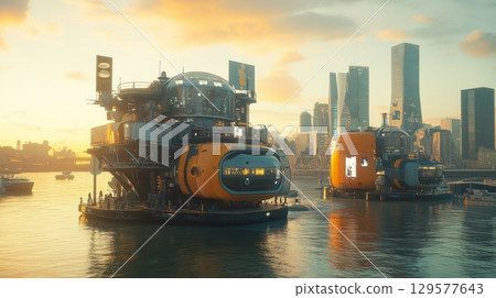 Futuristic floating structures rise above a serene urban landscape at sunset. Innovation meets nature. Explore this unique blend of city and technology. Generative AI 129577643