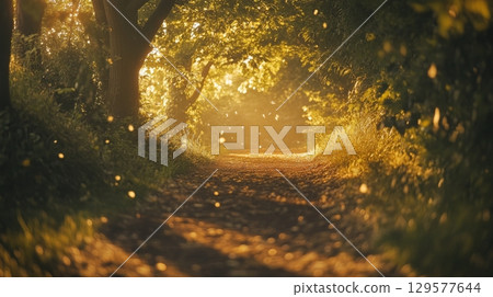 A tranquil pathway illuminated by golden light. Nature invites you to explore this enchanting scene. Feel the serenity embrace you. Generative AI 129577644