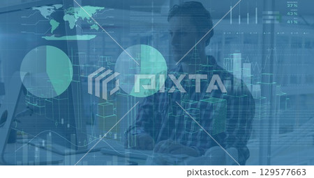 Image of cityscape model and graphs over focused caucasian architect using desktop computer 129577663