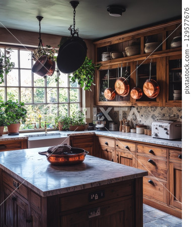 A cozy kitchen filled with natural light and greenery. The wooden cabinets display beautiful cookware. Perfect for home cooking enthusiasts and eco-friendly designs. Generative AI 129577676
