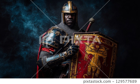 A bold knight stands ready for battle dressed in ornate armor. His shield displays a fierce emblem. The scene invokes valor and bravery. Generative AI A bold knight stands ready for battle dressed in ornate armor. His shield displays a fierce emblem. The scene invokes valor and bravery. Generative AI 129577689