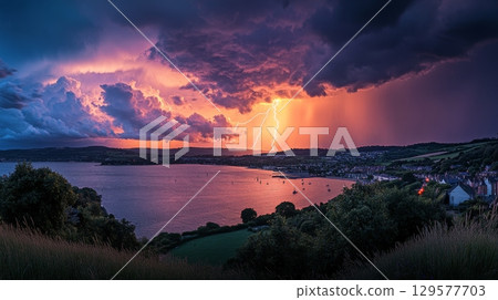 A breathtaking landscape filled with vibrant colors that reflect the power of nature. Majestic lightning illuminates the sky over the serene water. Generative AI 129577703