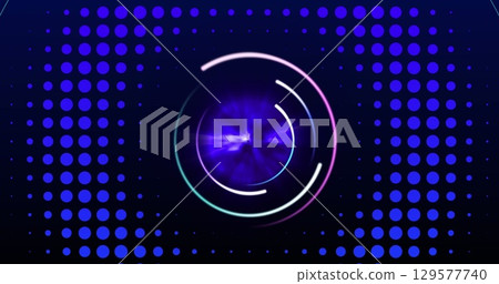 Image of processing circle and pulsating circles with blue dots on navy background Image of processing circle and pulsating circles with blue dots on navy background 129577740