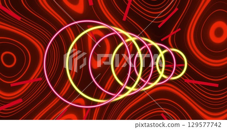 Image of neon circles over red wavy background 129577742