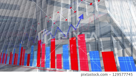 Image of statistics and data processing over cityscape and computer servers 129577745