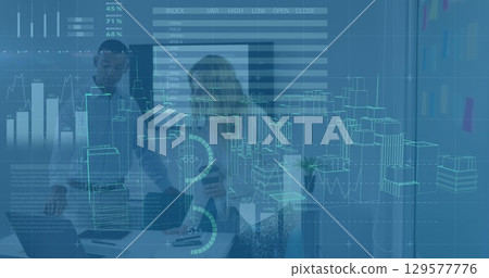 Image of data processing and digital city over diverse business people at office 129577776