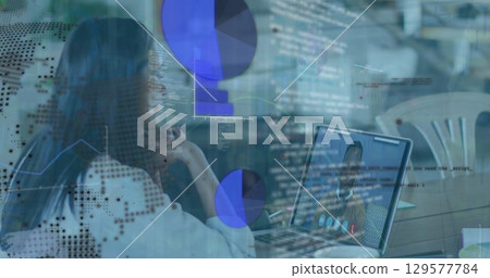 Image of data processing over businesswoman having laptop image call with colleague 129577784