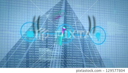 Image of icons and data processing over building and marker 129577804