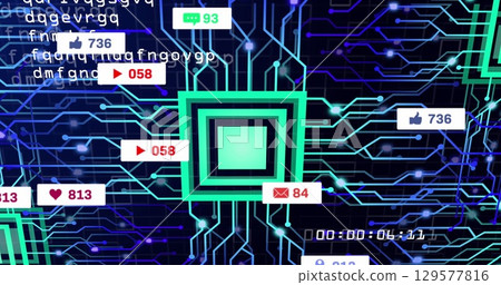 Image of data processing and media icons over network of connections Image of data processing and media icons over network of connections 129577816