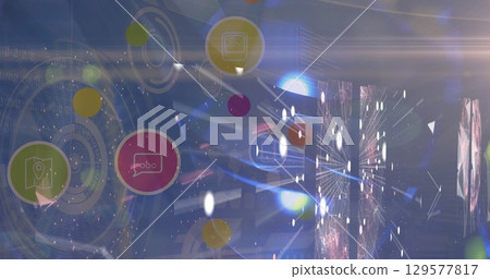 Image of digital icons and round scanner against screens of network of connections Image of digital icons and round scanner against screens of network of connections 129577817