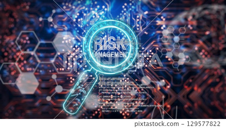 Image of risk management text over reading glass and data processing 129577822