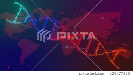 Image of dna strand spinning with medical data processing Image of dna strand spinning with medical data processing 129577830