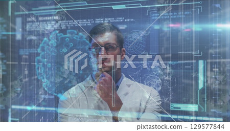 Image of data processing with virus cells over caucasian male doctor Image of data processing with virus cells over caucasian male doctor 129577844