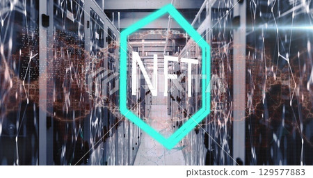 Image of nft text over neon hexagonal banner and human brain spinning against server room 129577883