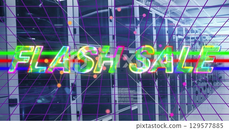 Image of flash sale text banner over grid network against computer server room Image of flash sale text banner over grid network against computer server room 129577885