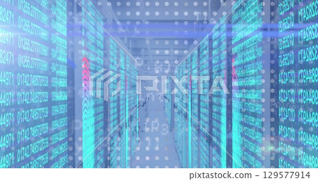 Corridor of server racks displaying cyan code overlay in data center, with LED indicator lights 129577914