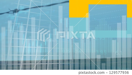 Image of statistical data processing over spinning windmills against blue sky 129577936