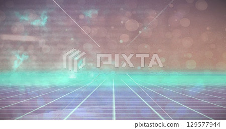 Image of white lines and light spots over diverse business people walking 129577944